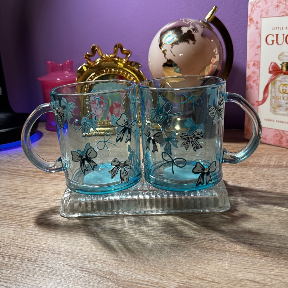 Aqua Glass Double Mugs with Bow Motif